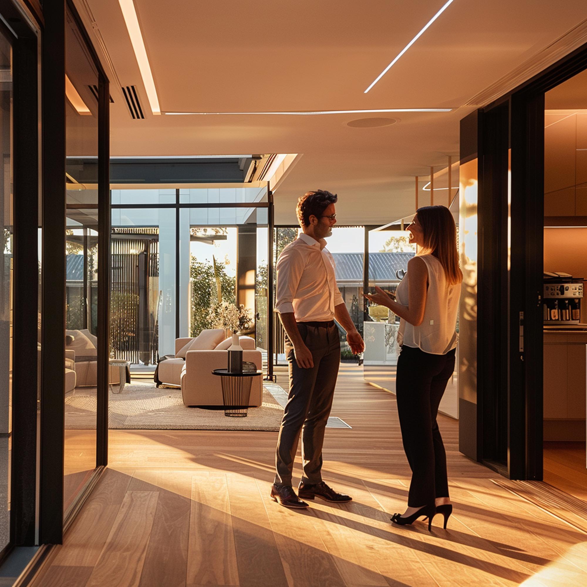 agent showing apartment to clients in modern living